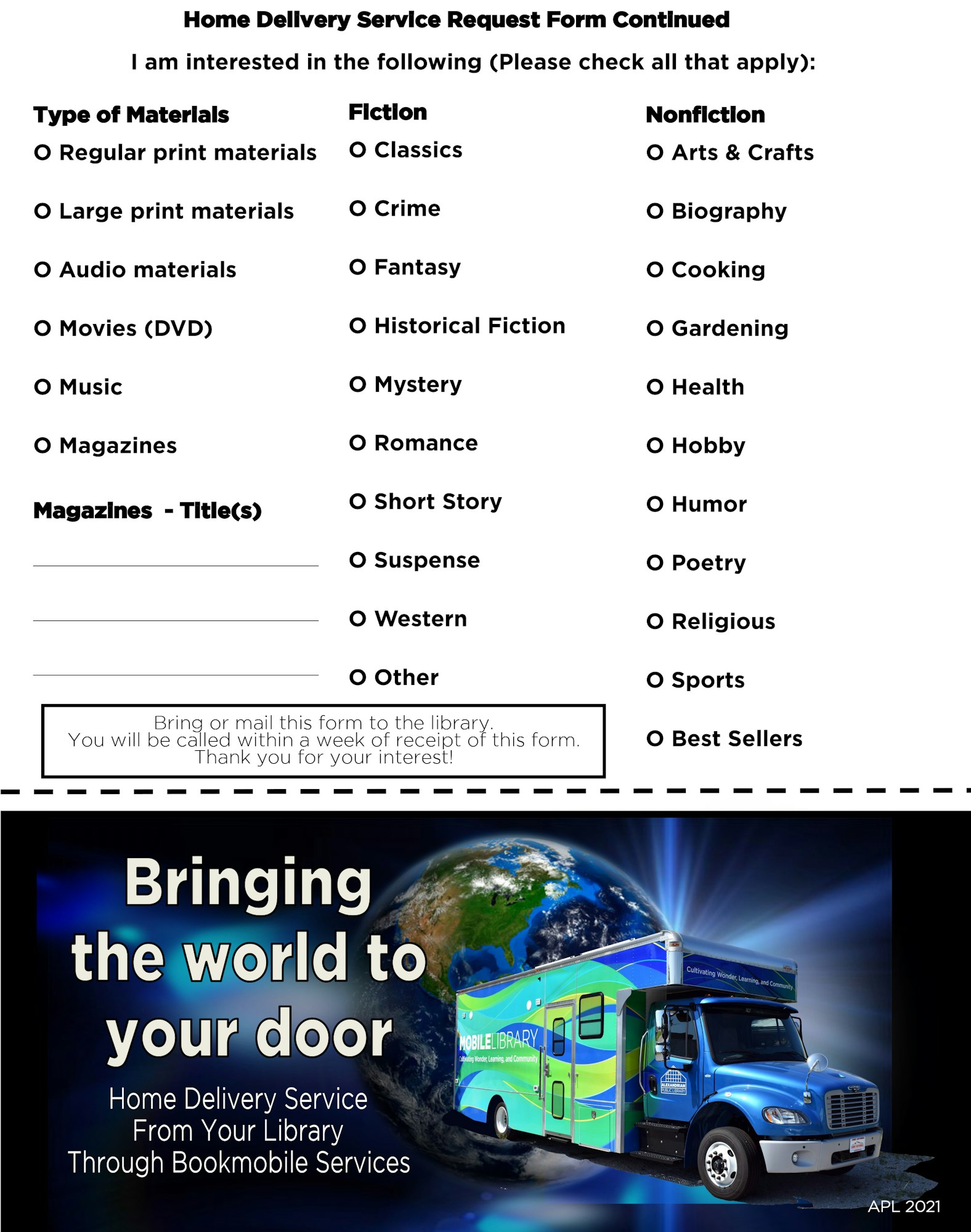 The image shows a form for a library's home delivery service, listing types of materials and genres for selection.