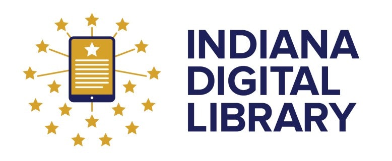 Logo with a tablet surrounded by stars and text "INDIANA DIGITAL LIBRARY."