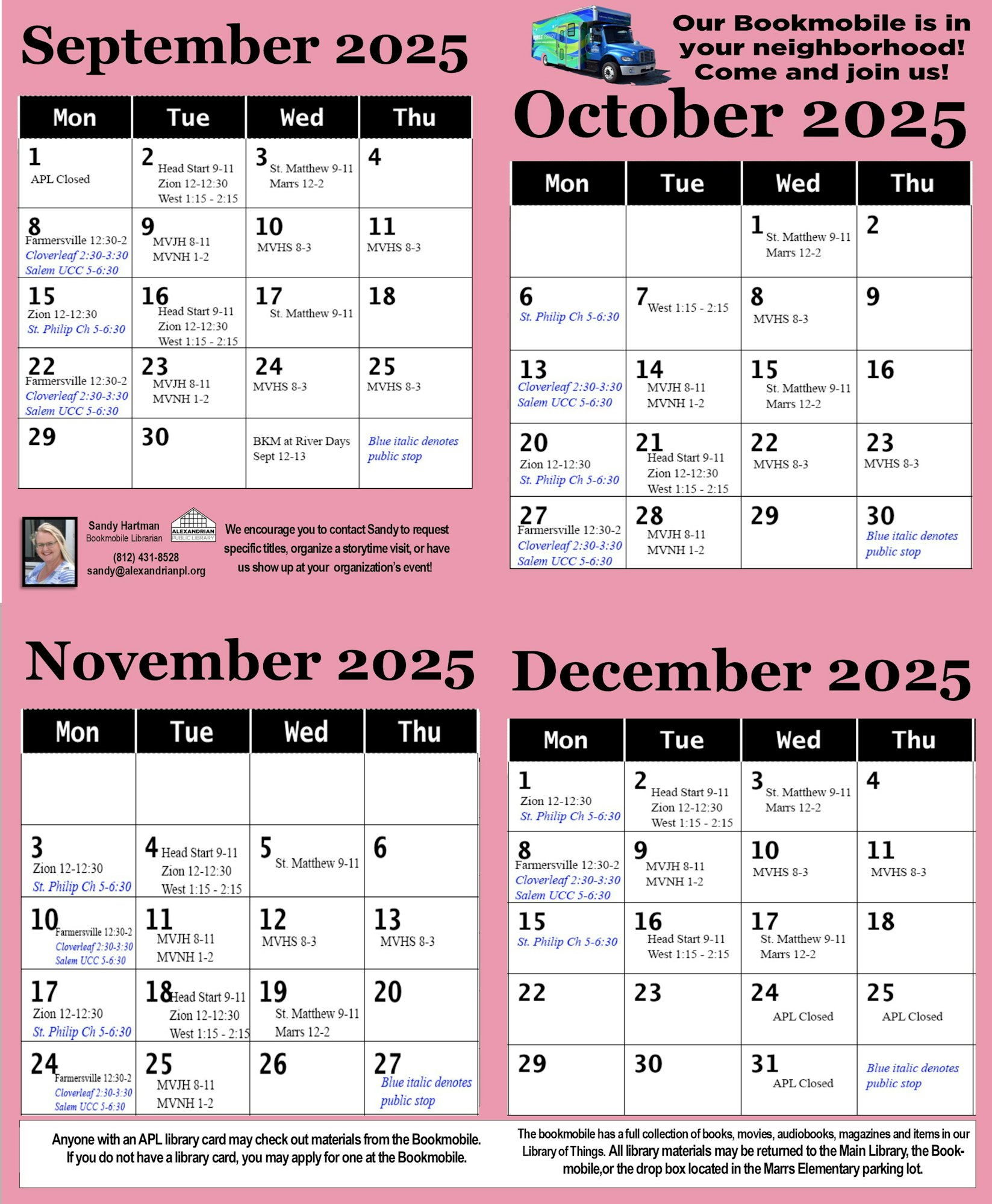 Bookmobile schedule for September to December 2025, featuring various stops and contact info for Sandy Hartman.