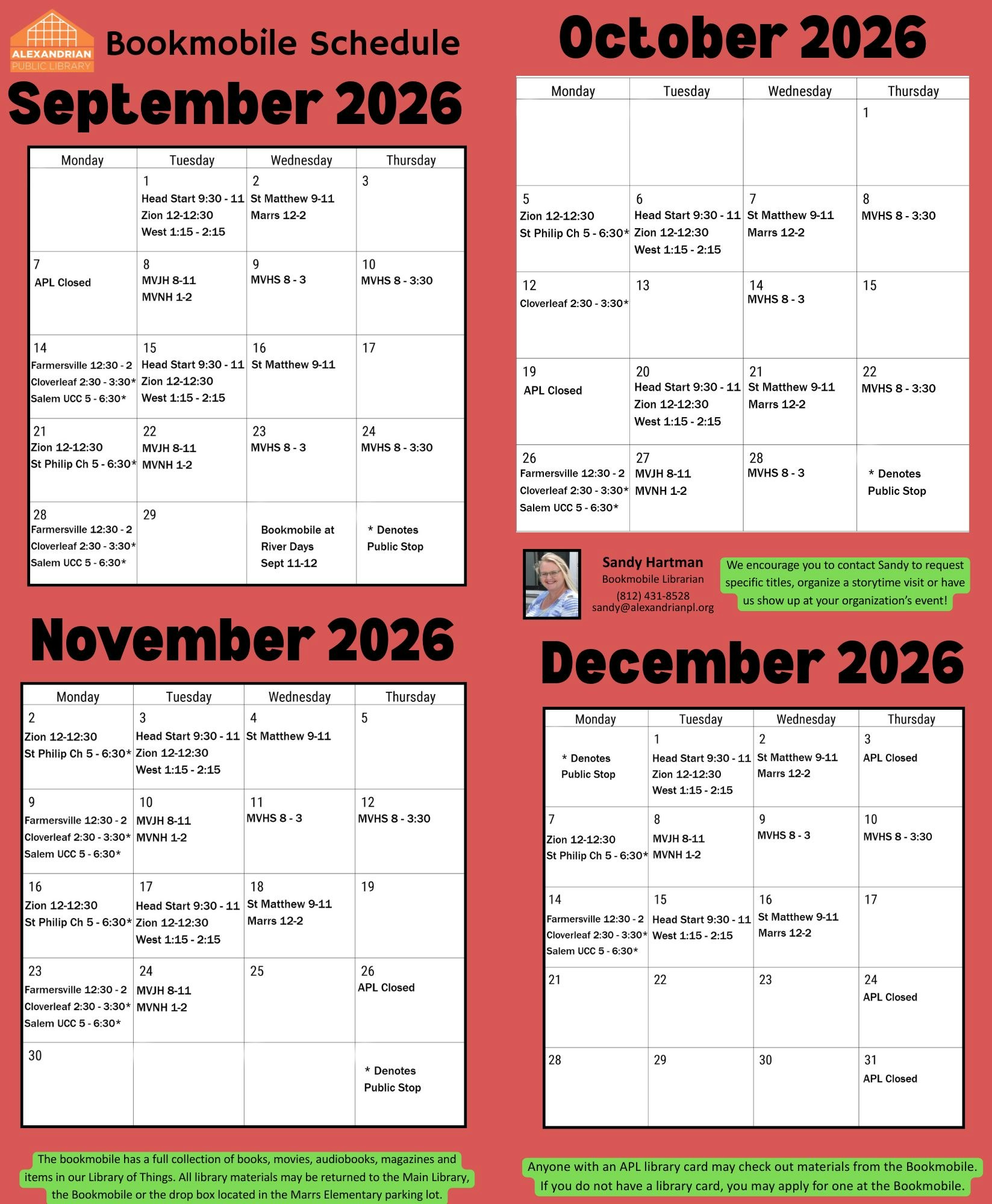 This image shows the Bookmobile schedule for September to December 2026, including locations and times for visits.