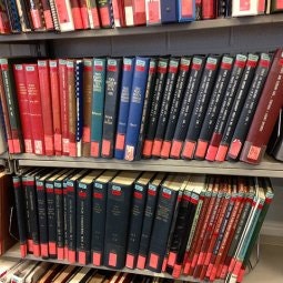 Books with red and blue covers on library shelves.