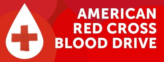 Banner for an American Red Cross blood drive event, with a red and white color scheme and a drop symbol.