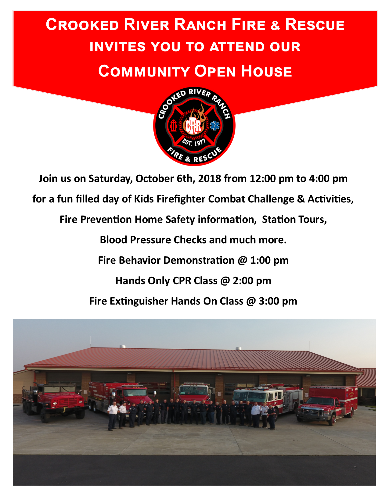 The Crooked River Ranch Fire & Rescue Community Open House is on Oct 6, 2018, featuring activities, demos, and safety classes.