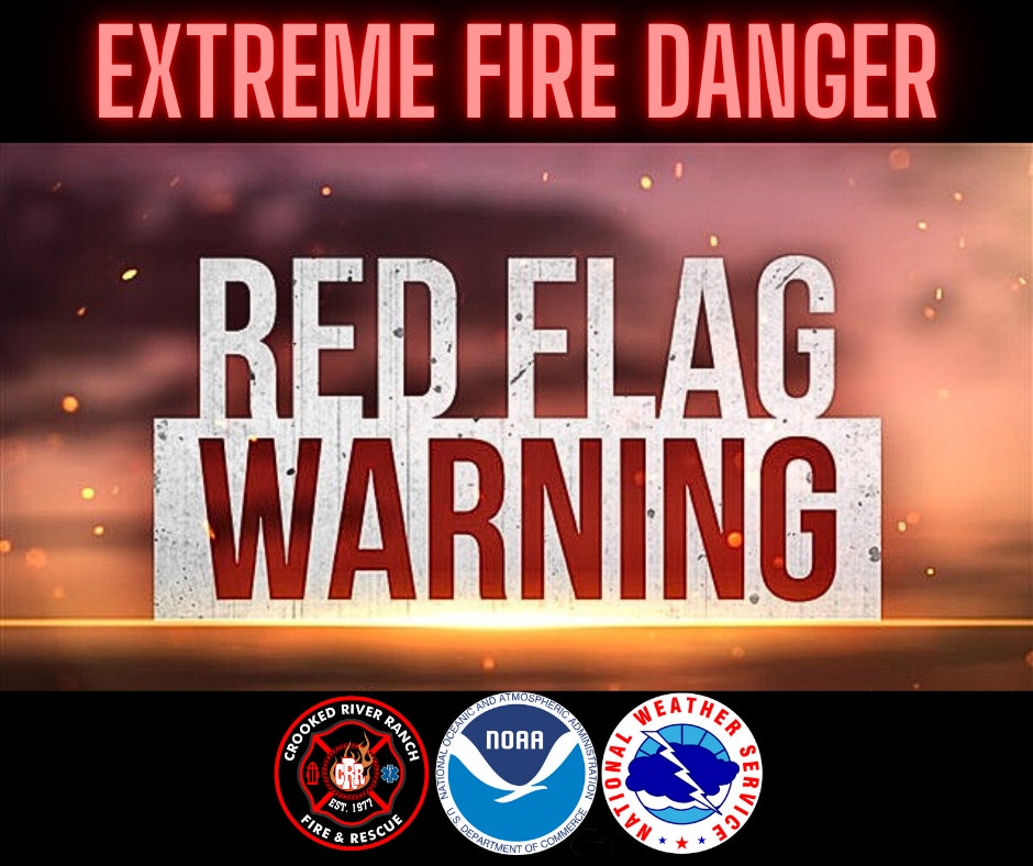 "Extreme Fire Danger" and "Red Flag Warning" alert with various agency logos.