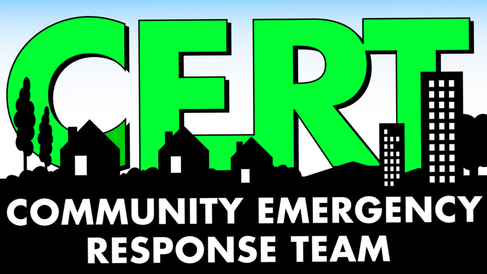 Logo with the acronym "CERT" and text "COMMUNITY EMERGENCY RESPONSE TEAM" over a cityscape silhouette.