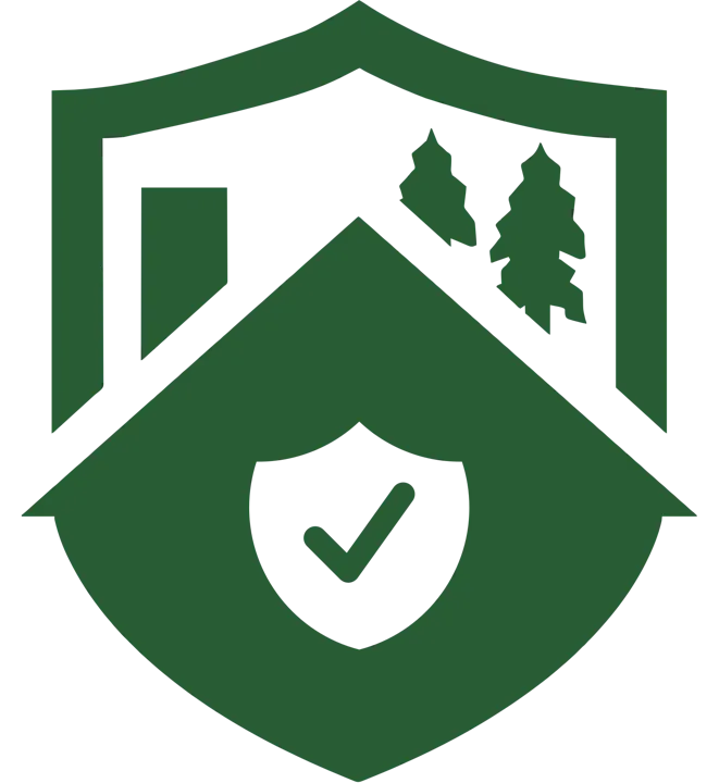 The image features a logo combining a house and trees within a shield, symbolizing protection or safety.