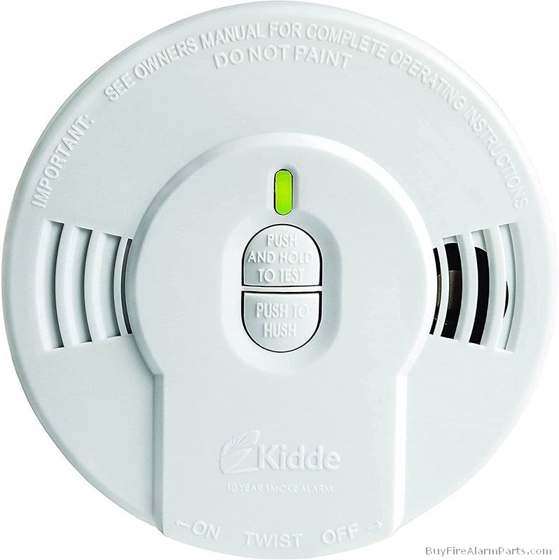 A Kidde smoke alarm with a test button and LED indicator.