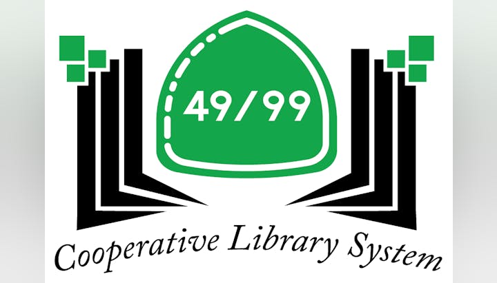 A graphic logo for "Cooperative Library System," with abstract shapes and the numbers "49/99."