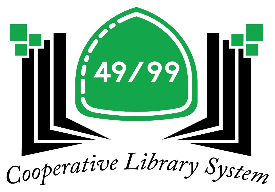 A graphic logo for "Cooperative Library System," with abstract shapes and the numbers "49/99."