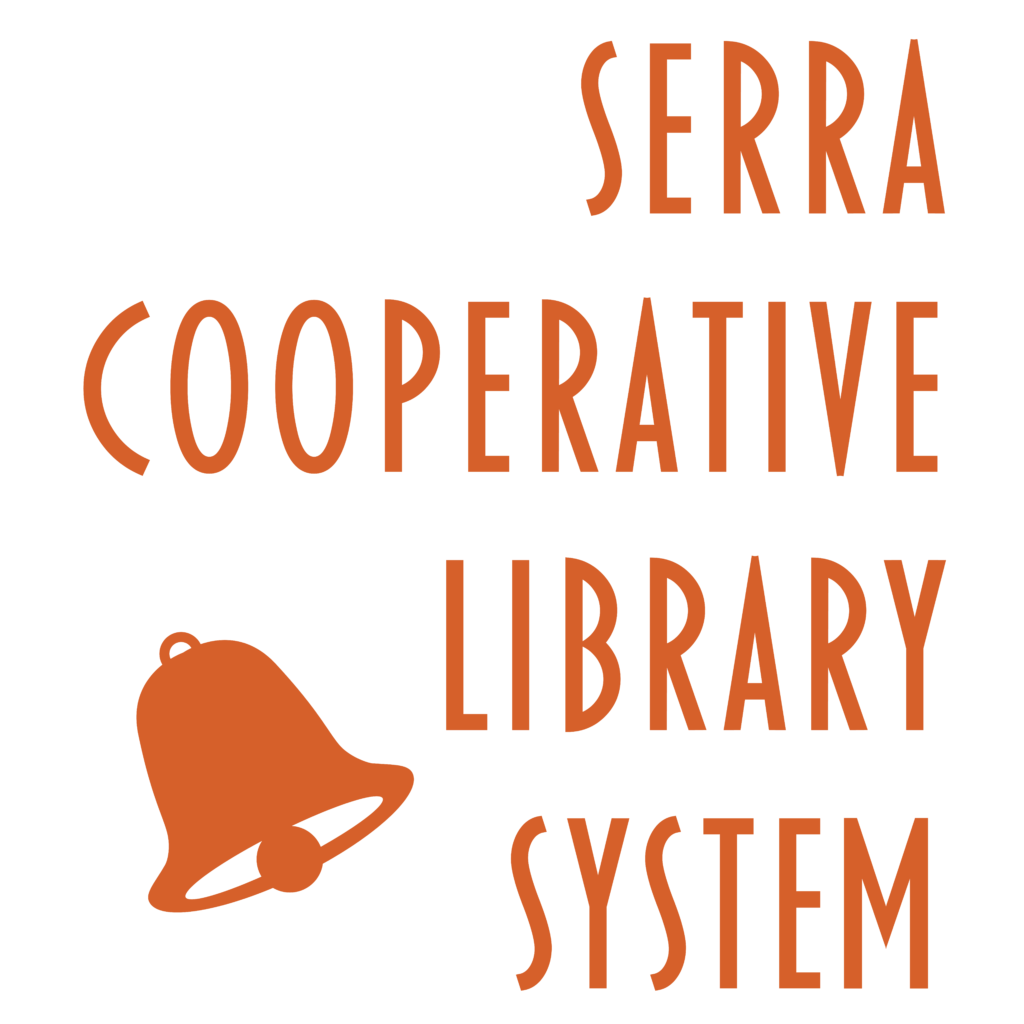 Orange text "SERRA COOPERATIVE LIBRARY SYSTEM" with a bell icon.