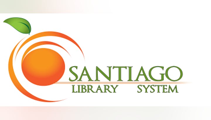 A logo with an orange and leaf, the text "SANTIAGO LIBRARY SYSTEM." Colors: orange, green, and white.