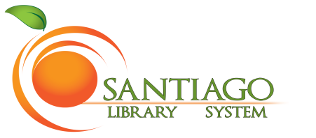 A logo with an orange and leaf, the text "SANTIAGO LIBRARY SYSTEM." Colors: orange, green, and white.