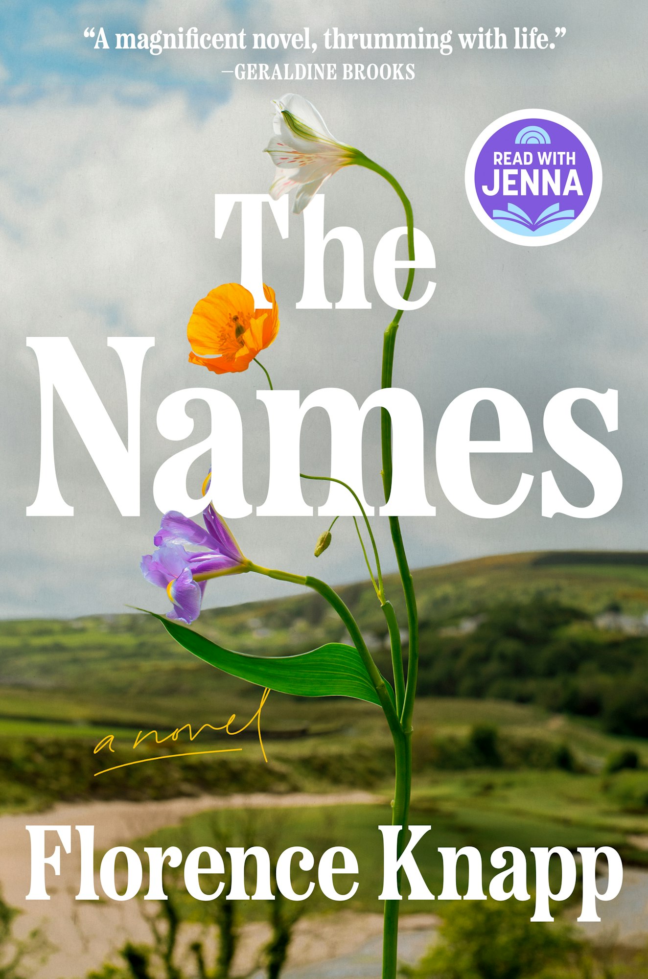 The image features the book cover of "The Names" by Florence Knapp, showcasing flowers and a quote praising the novel.
