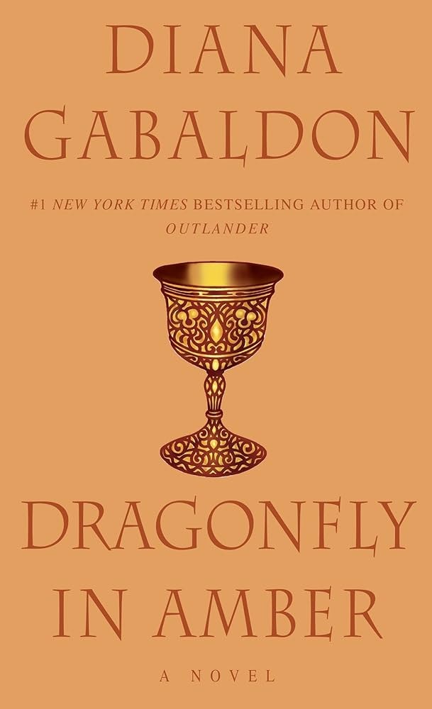 The image features the book cover of "Dragonfly in Amber" by Diana Gabaldon, noted as a bestselling novel.