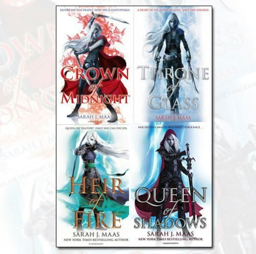 The image features four book covers by Sarah J. Maas from the "Throne of Glass" series: "Crown of Midnight," "Throne of Glass," "Heir of Fire," and "Queen of Shadows."