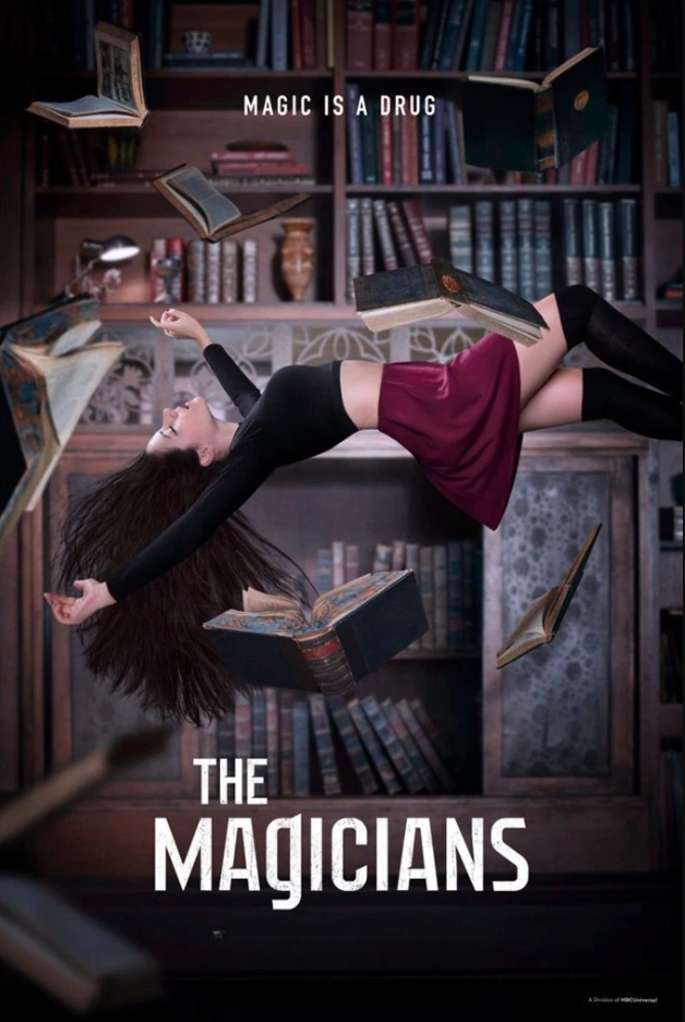 A girl floats among flying books in a library. The text reads “Magic is a drug” and highlights "The Magicians."