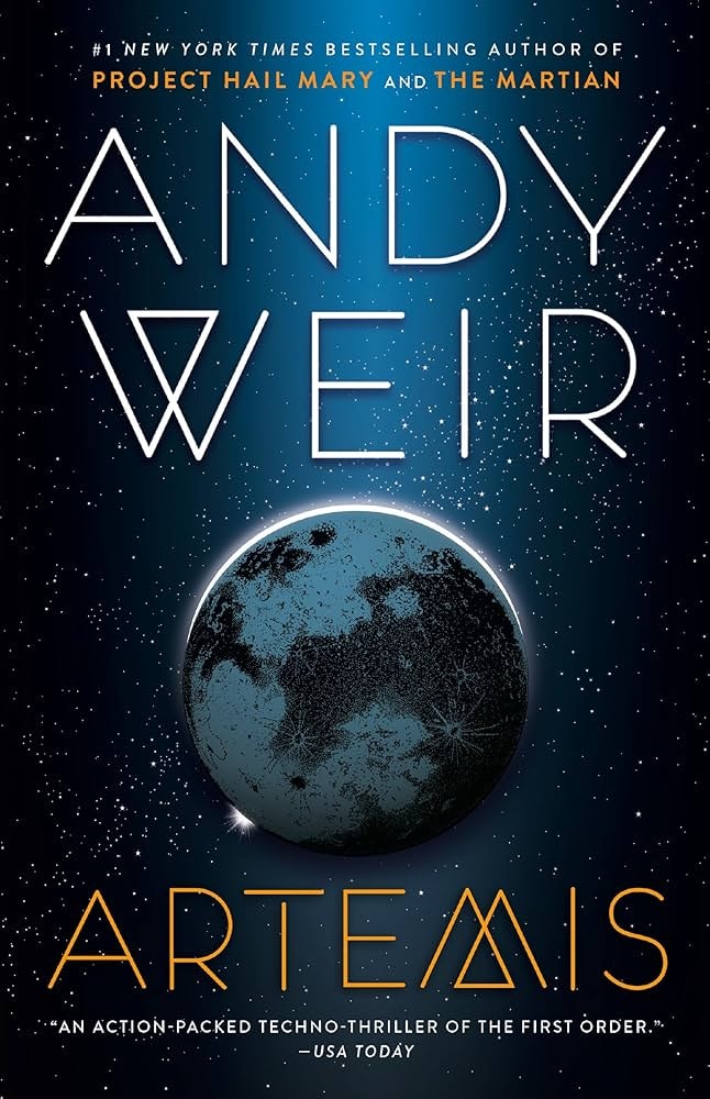 The image features the book "Artemis" by Andy Weir, showcasing a planet against a starry background, highlighted by a tagline.