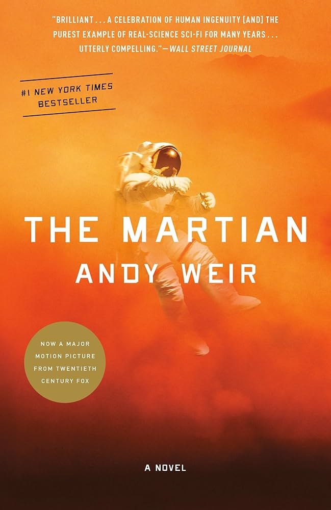 The image features the book cover of "The Martian" by Andy Weir, showcasing an astronaut against a vibrant orange background.