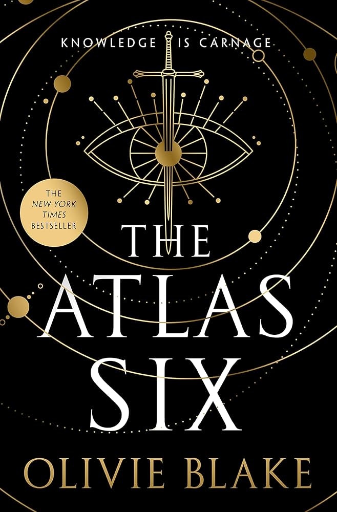 The image features the book "The Atlas Six" by Olivie Blake, highlighting its title and the tagline "Knowledge is Carnage."