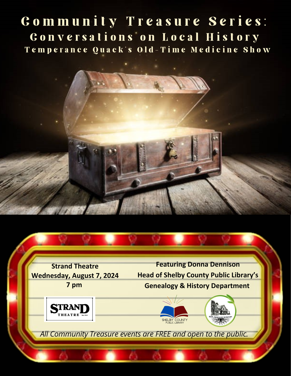 Poster for a local history event at Strand Theatre, August 7, 2024, featuring Donna Dennison. It's free and public.