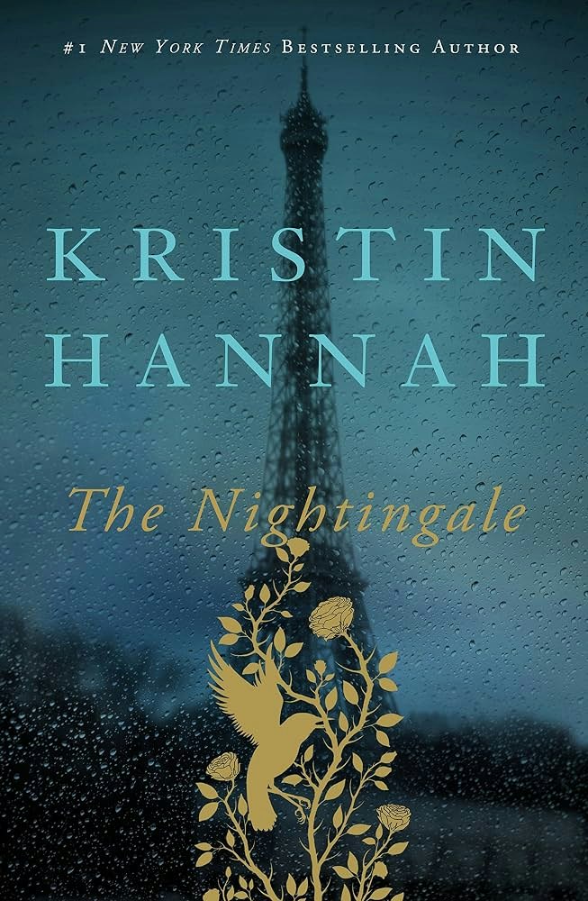 Cover of "The Nightingale" by Kristin Hannah, featuring a silhouette of the Eiffel Tower and a decorative design with a bird and flowers.