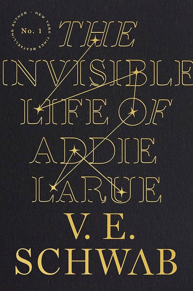 The image features the book cover of "The Invisible Life of Addie LaRue" by V.E. Schwab, highlighted as a bestseller.