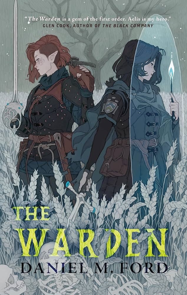 The image features a book cover titled "The Warden" by Daniel M. Ford, showcasing two characters in a mystical setting.