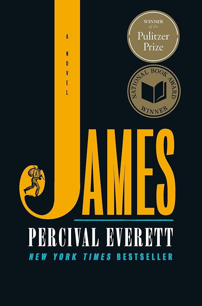 The image shows the book cover for "James" by Percival Everett, noted as a Pulitzer Prize-winning novel and a New York Times bestseller.