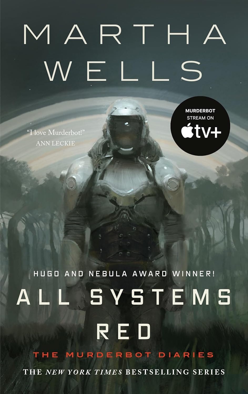 The image features the book cover for "All Systems Red" by Martha Wells, showcasing the character Murderbot in a sci-fi setting.