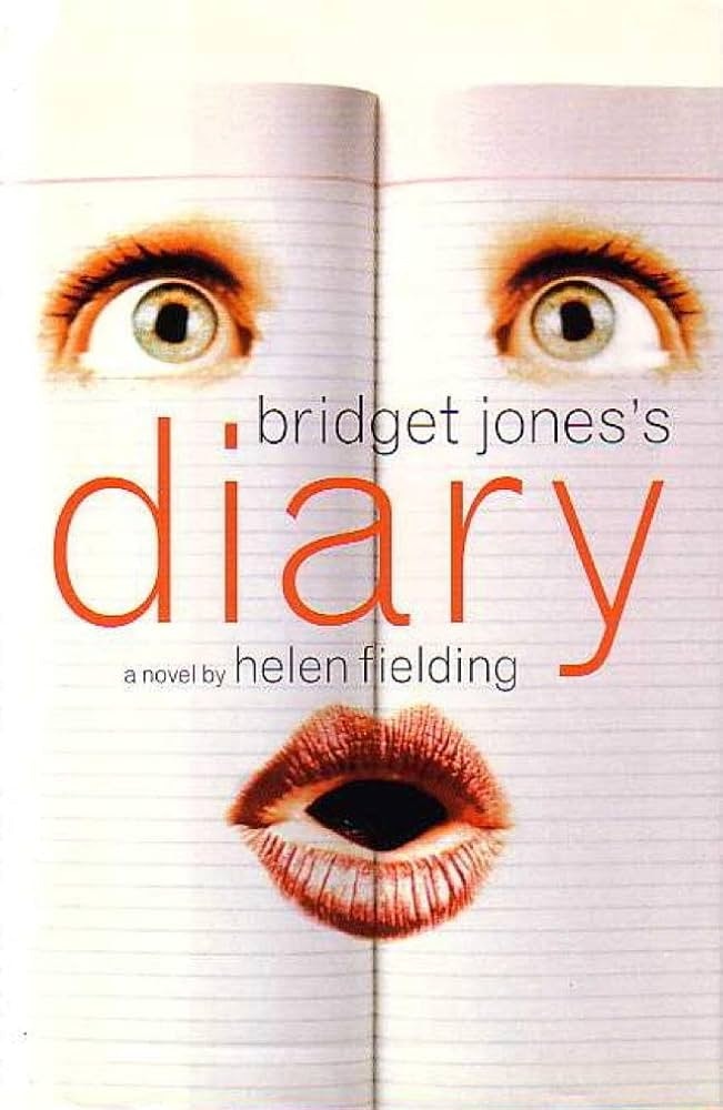 "Bridget Jones's Diary" book cover showing eyes and lips on lined pages, by Helen Fielding.