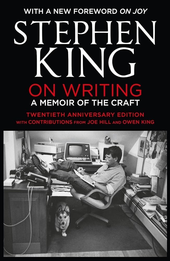 The image features a black-and-white cover of Stephen King's "On Writing," showcasing him at a cluttered desk with a dog.