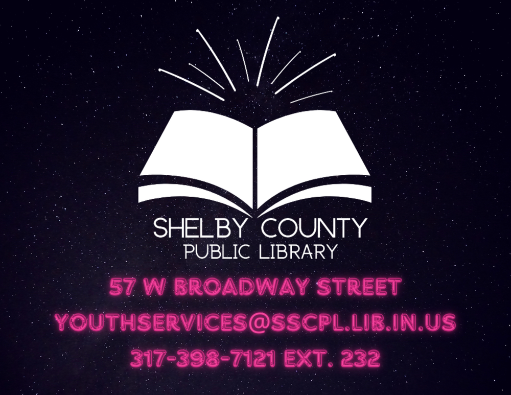 A logo for Shelby County Public Library with an address, email, and phone number on a starry background.