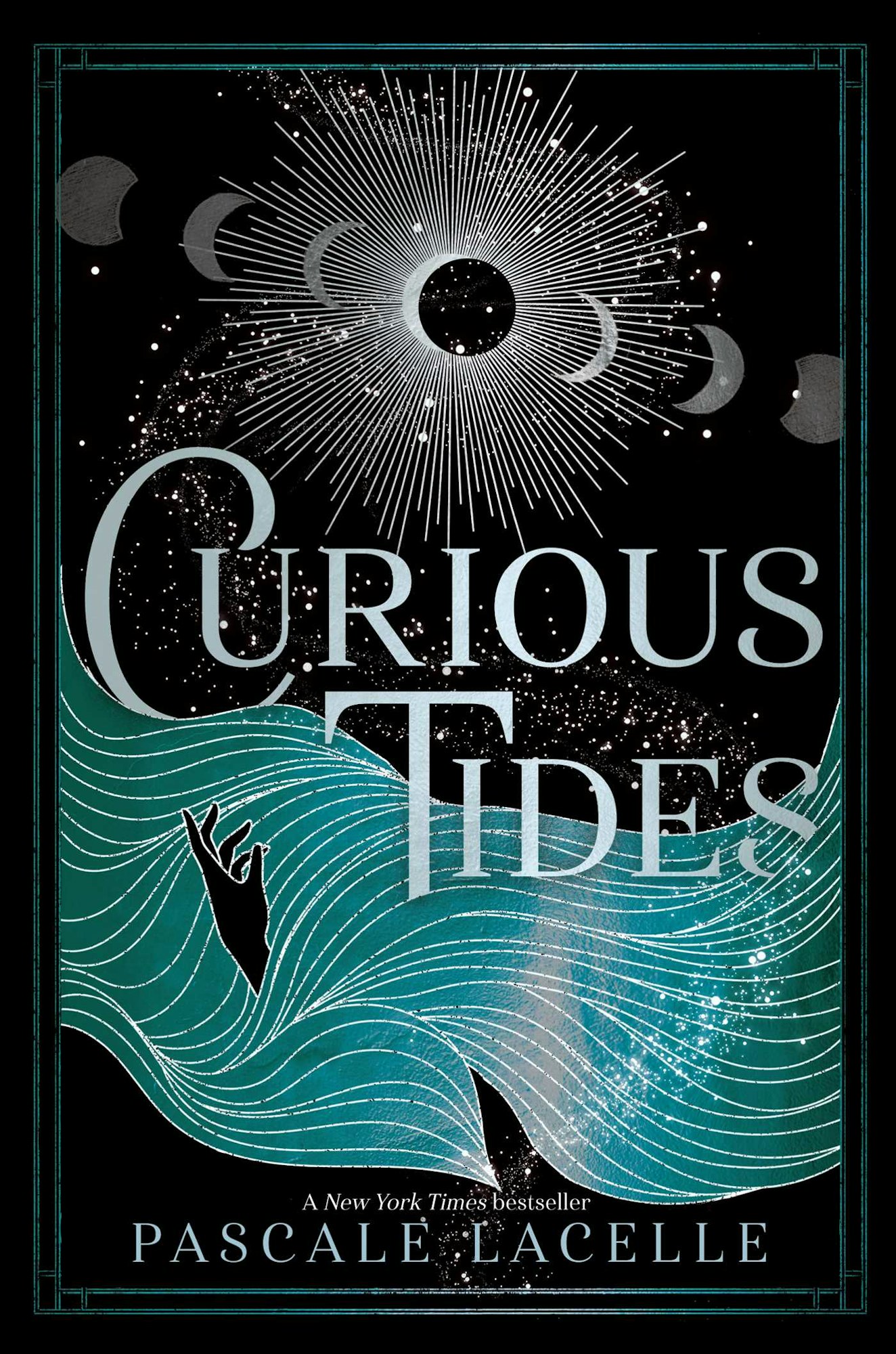 Book cover: "Curious Tides" by Pascale Lacelle, featuring a hand, waves, and moon phases.