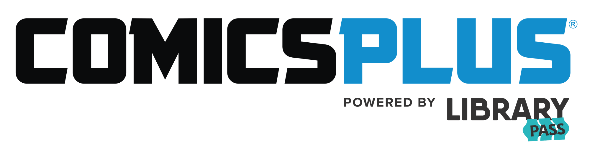 The image features the logo for "Comics Plus," a digital comics platform powered by Library Pass.