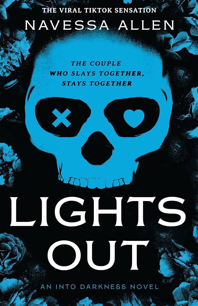 The image features the book "Lights Out" by Navessa Allen, with a striking skull design and tagline about a couple that slays together.