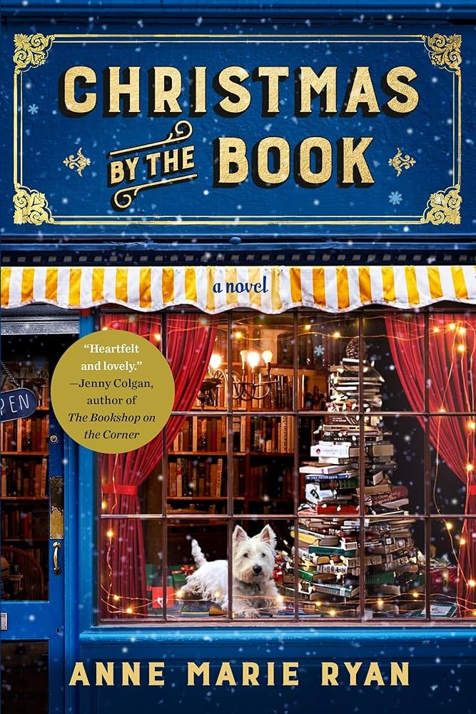 A cozy bookshop window decorated for Christmas, showcasing the novel "Christmas by the Book" by Anne Marie Ryan.
