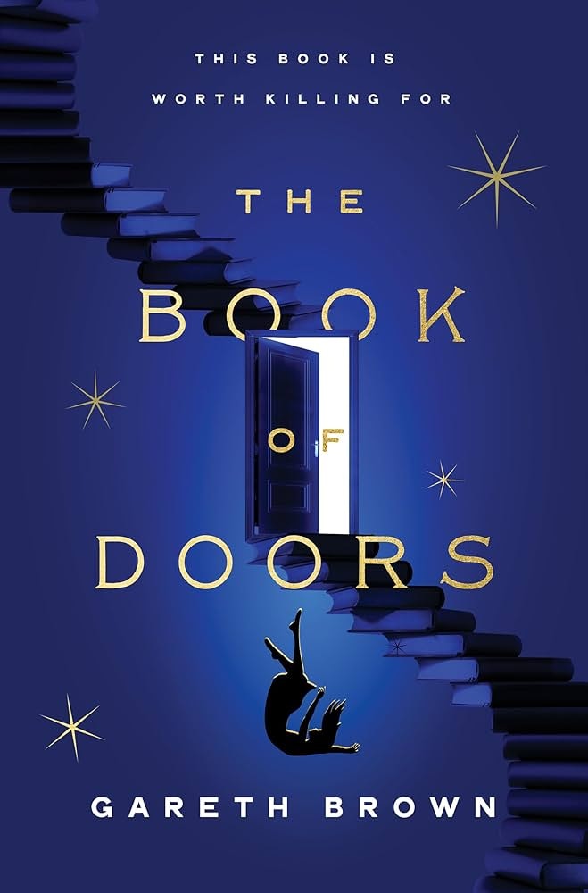 Book cover: "The Book of Doors" by Gareth Brown. A person falls through a glowing door amid floating stairs and stars.