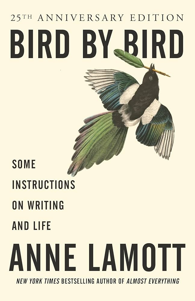A book cover for "Bird by Bird" by Anne Lamott, featuring a bird and offering instructions on writing and life.