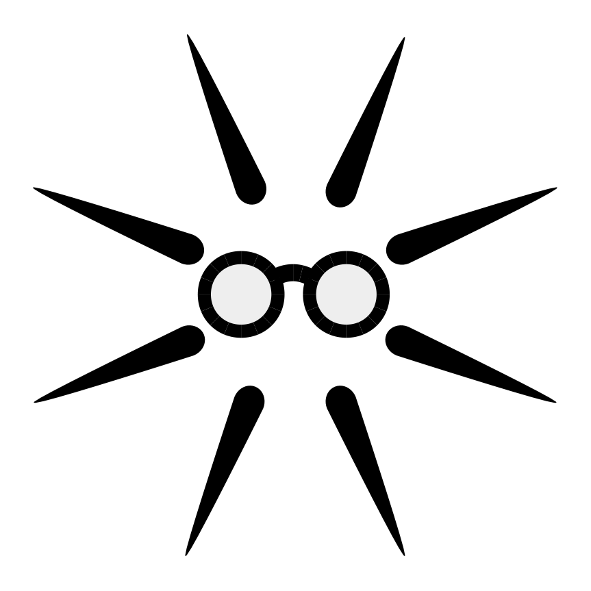 A stylized sun symbol with a pair of round glasses at the center.