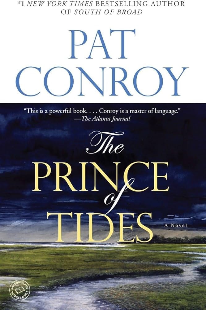 The image features the book cover of "The Prince of Tides" by Pat Conroy, highlighting its literary acclaim.