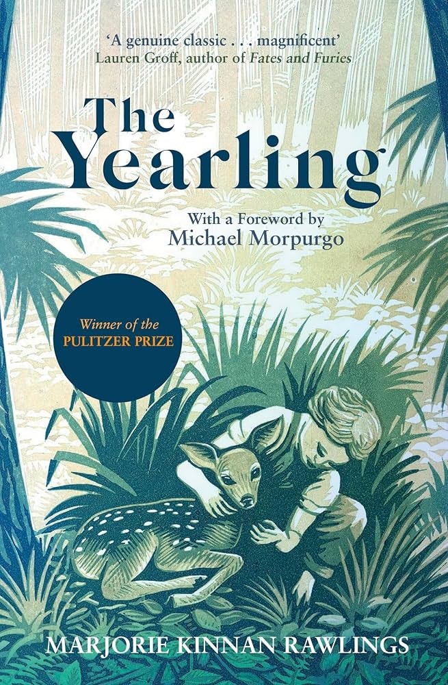 The image features the cover of "The Yearling," a Pulitzer Prize-winning novel by Marjorie Kinnan Rawlings, with a boy and a fawn.