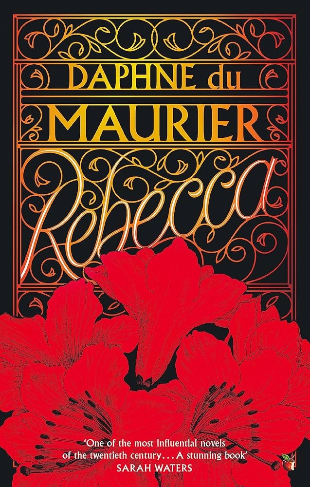The image features the cover of "Rebecca" by Daphne du Maurier, adorned with decorative text and vibrant red flowers.