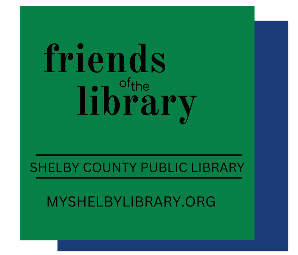 Logo of "friends of the library" for Shelby County Public Library with a website URL: myshelbylibrary.org