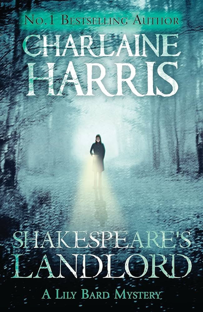 The image is the cover of "Shakespeare's Landlord" by Charlaine Harris, featuring a mysterious figure in a foggy forest.