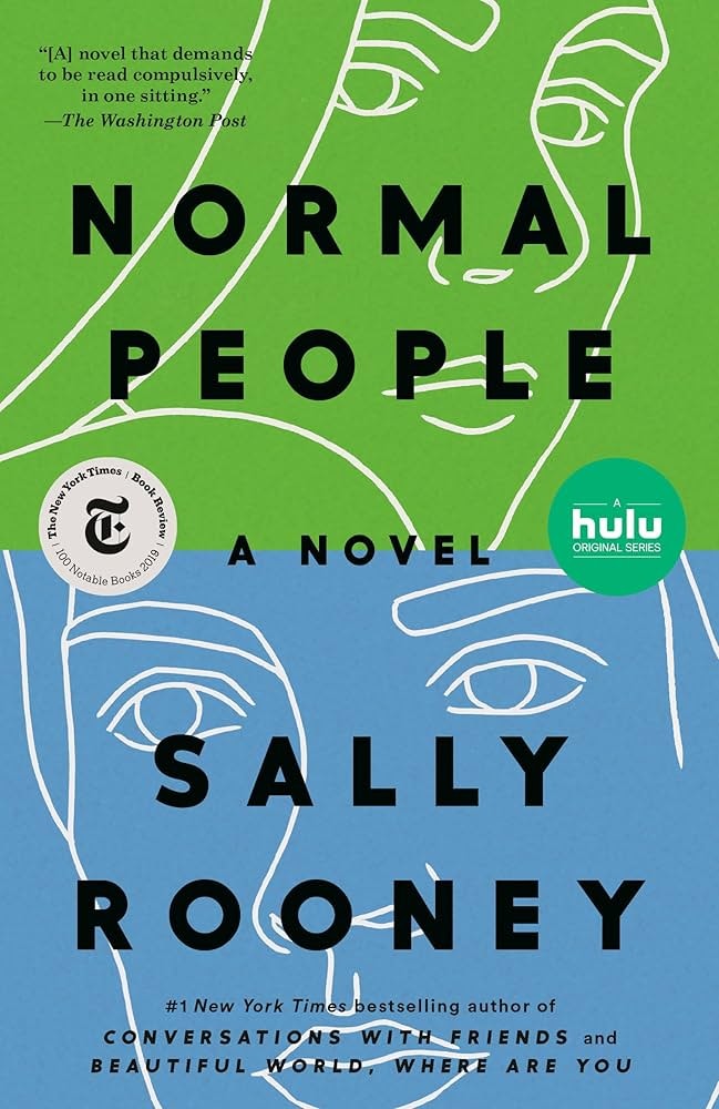 The image shows the book cover of "Normal People" by Sally Rooney, highlighting its acclaim and an adaptation by Hulu.