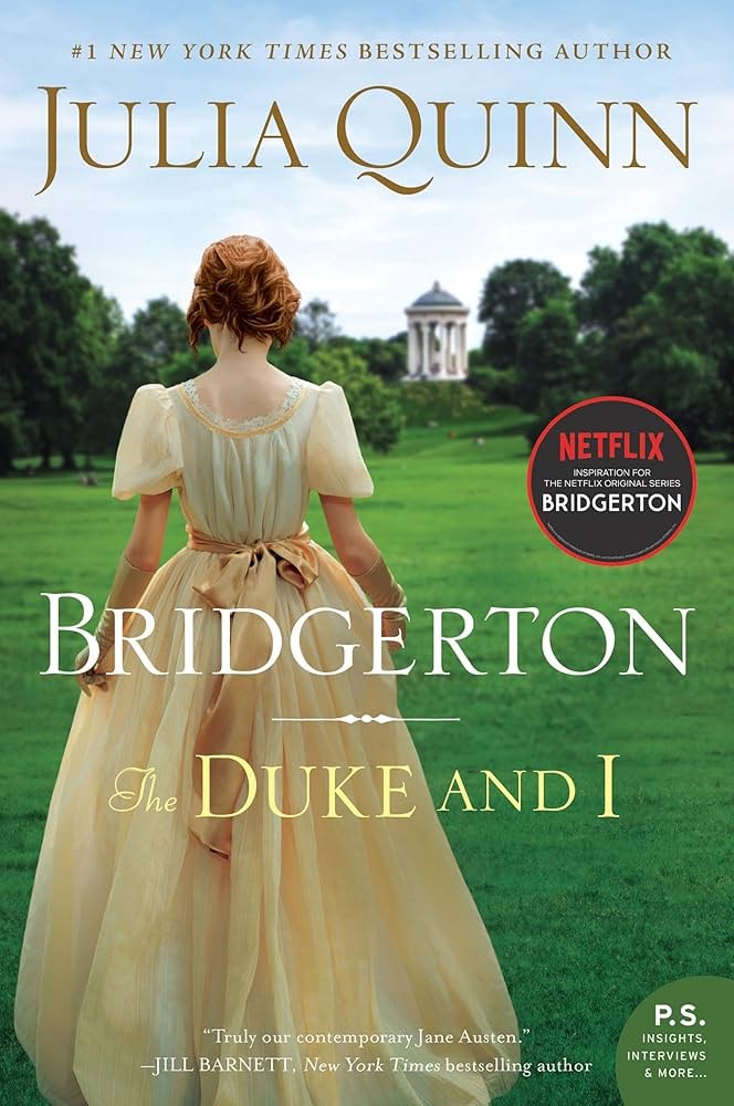 Cover of "Bridgerton: The Duke and I" by Julia Quinn, featuring a woman in a gown and a Netflix adaptation note.