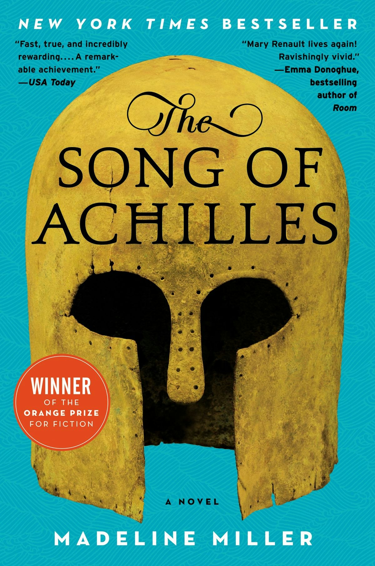 The image is the cover of "The Song of Achilles" by Madeline Miller, featuring a golden helmet and highlighting its bestseller status.