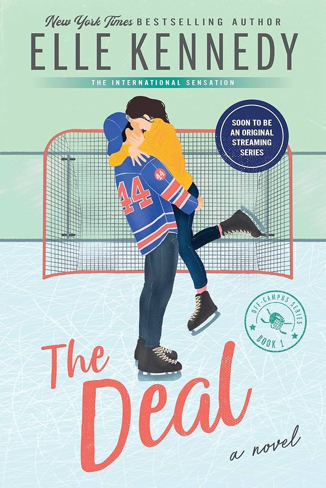 The image features the cover of "The Deal" by Elle Kennedy, depicting a couple on an ice rink, hinting at romance and sports.