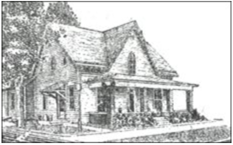 A sketch of a cozy house with trees, a porch, and a gable roof.