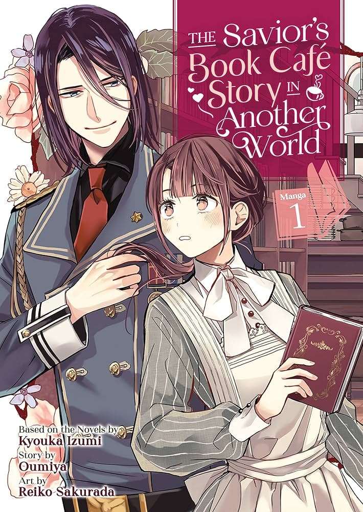 The image features a manga cover titled "The Savior's Book Cafe: Story in Another World," showcasing two characters.